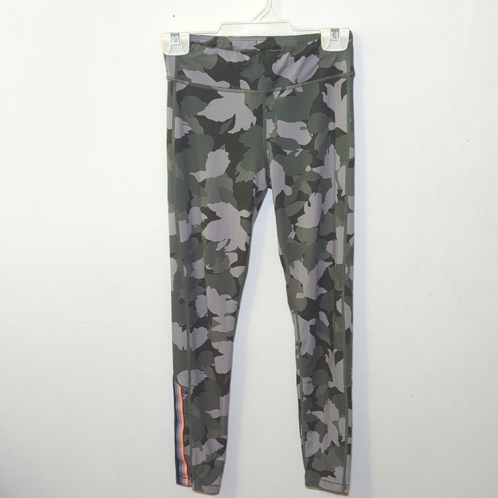 Athleta Girl Green Camo Leggings with Orange + Gray + Black Stripes Size XL 14